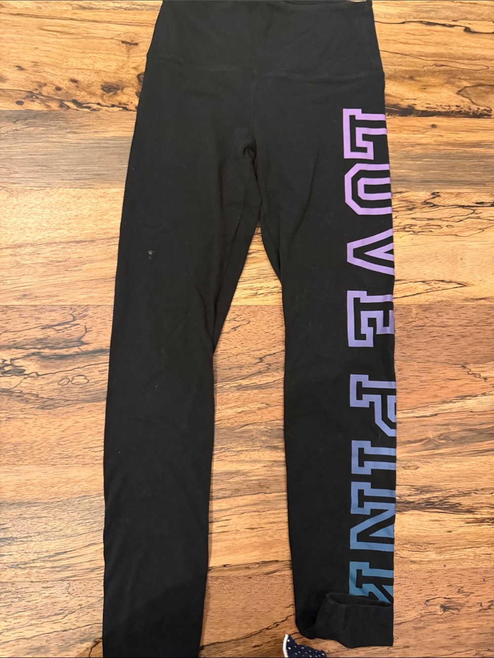 Woman’s Black Leggings with Purple-Blue 'LOVE PINK' Side Print